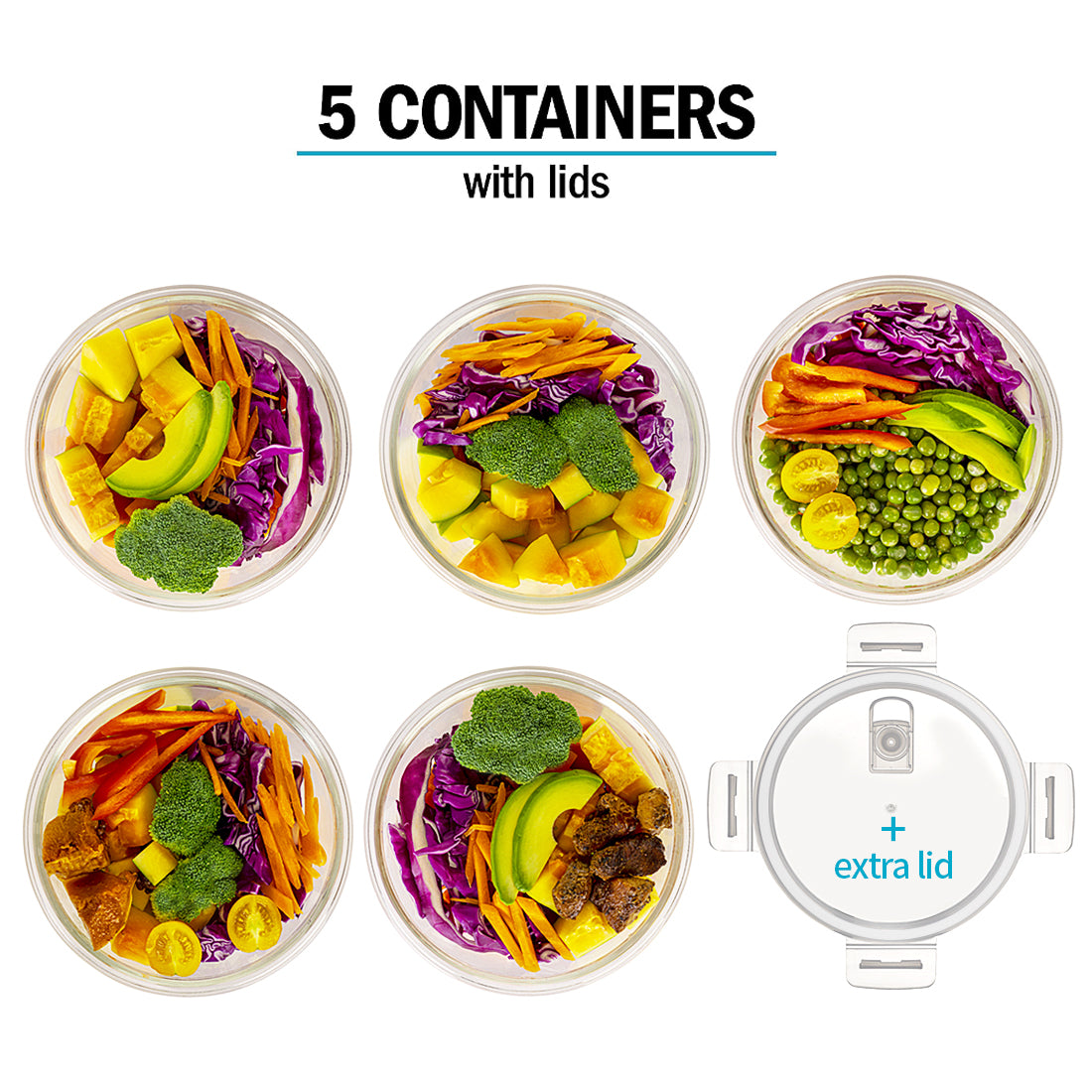 Round Glass Containers with Steam Vent Lid - 950ml - 5 PACK + 1 extra lid