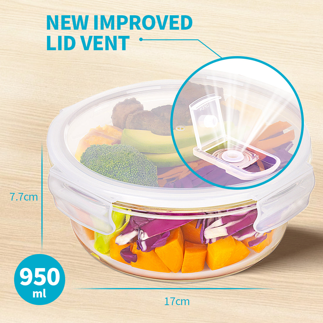 Round Glass Containers with Steam Vent Lid - 950ml - 5 PACK + 1 extra lid