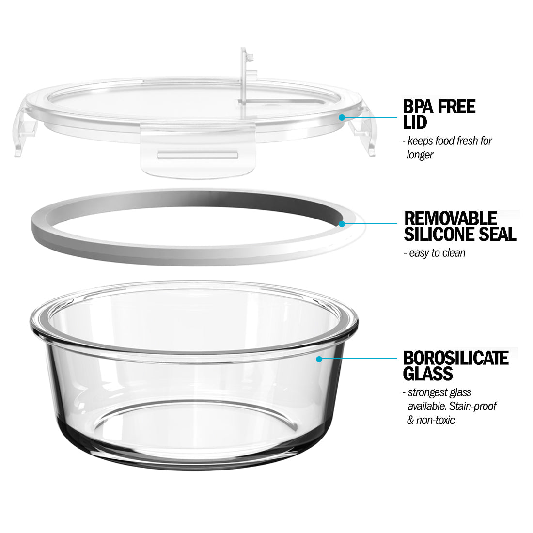 Round Glass Containers with Steam Vent Lid - 950ml - 5 PACK + 1 extra lid