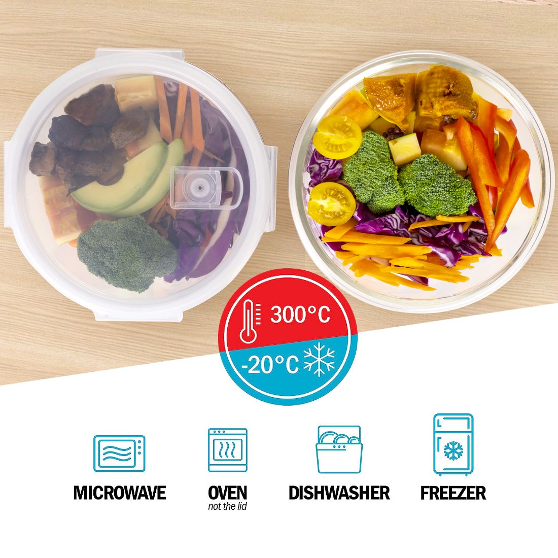 Round Glass Containers with Steam Vent Lid - 950ml - 5 PACK + 1 extra lid