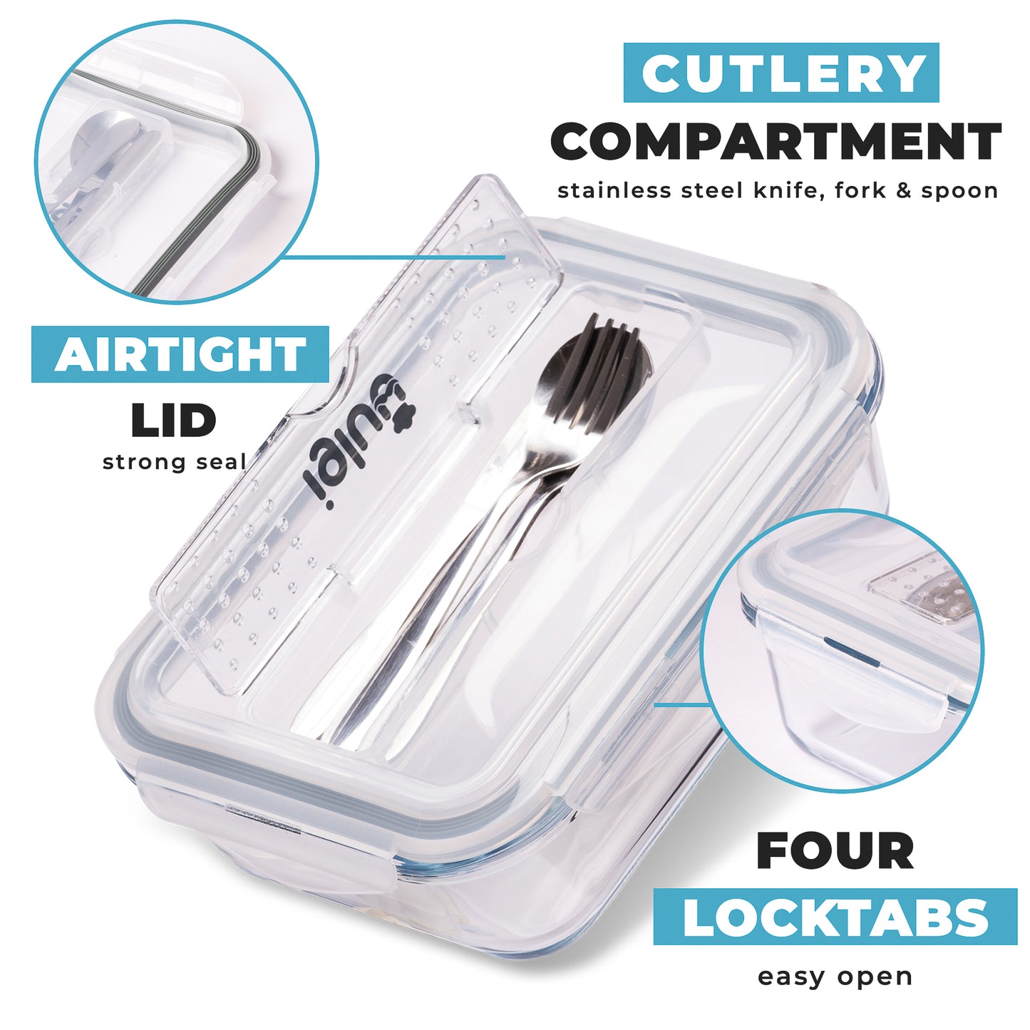Glass Containers with Cutlery Lid Compartment -3 Pack