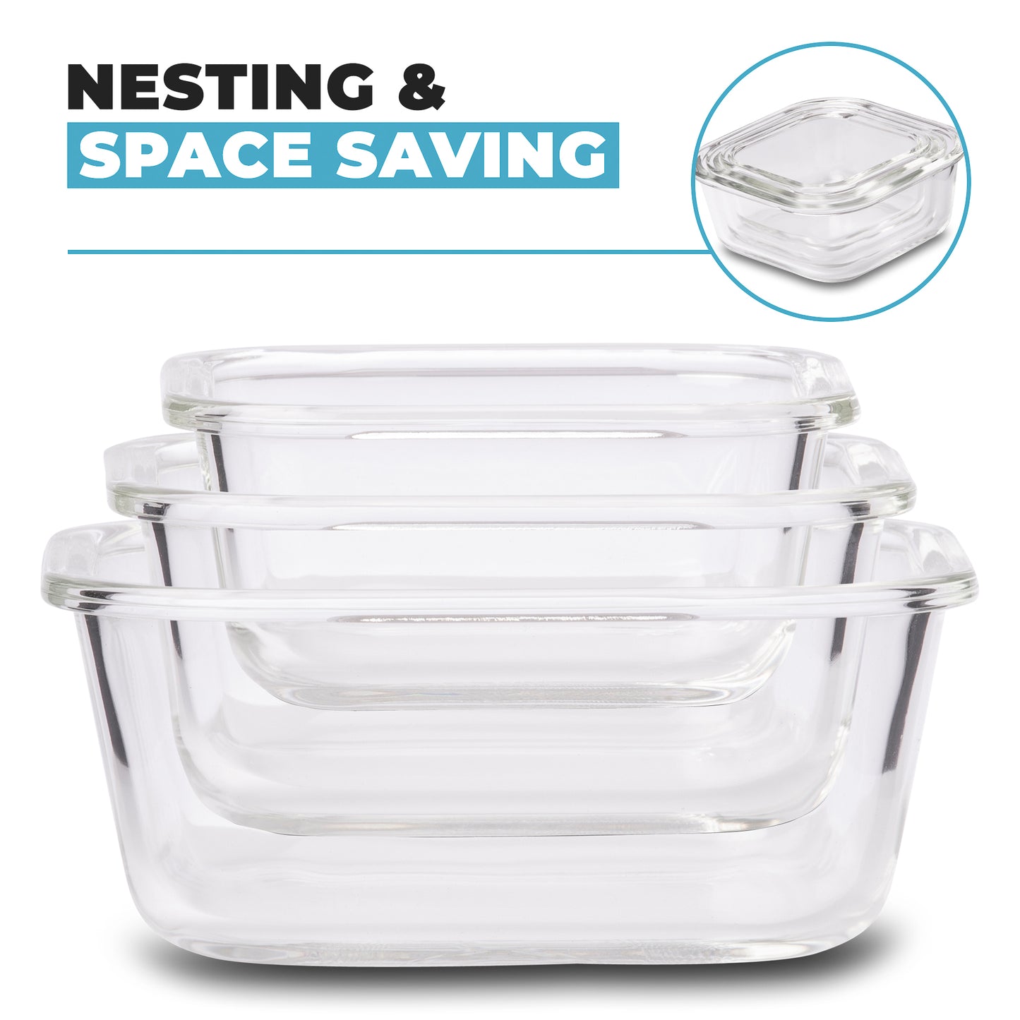 Glass Stackable Square Containers - 800ml 520ml & 320ml - 3 PACK