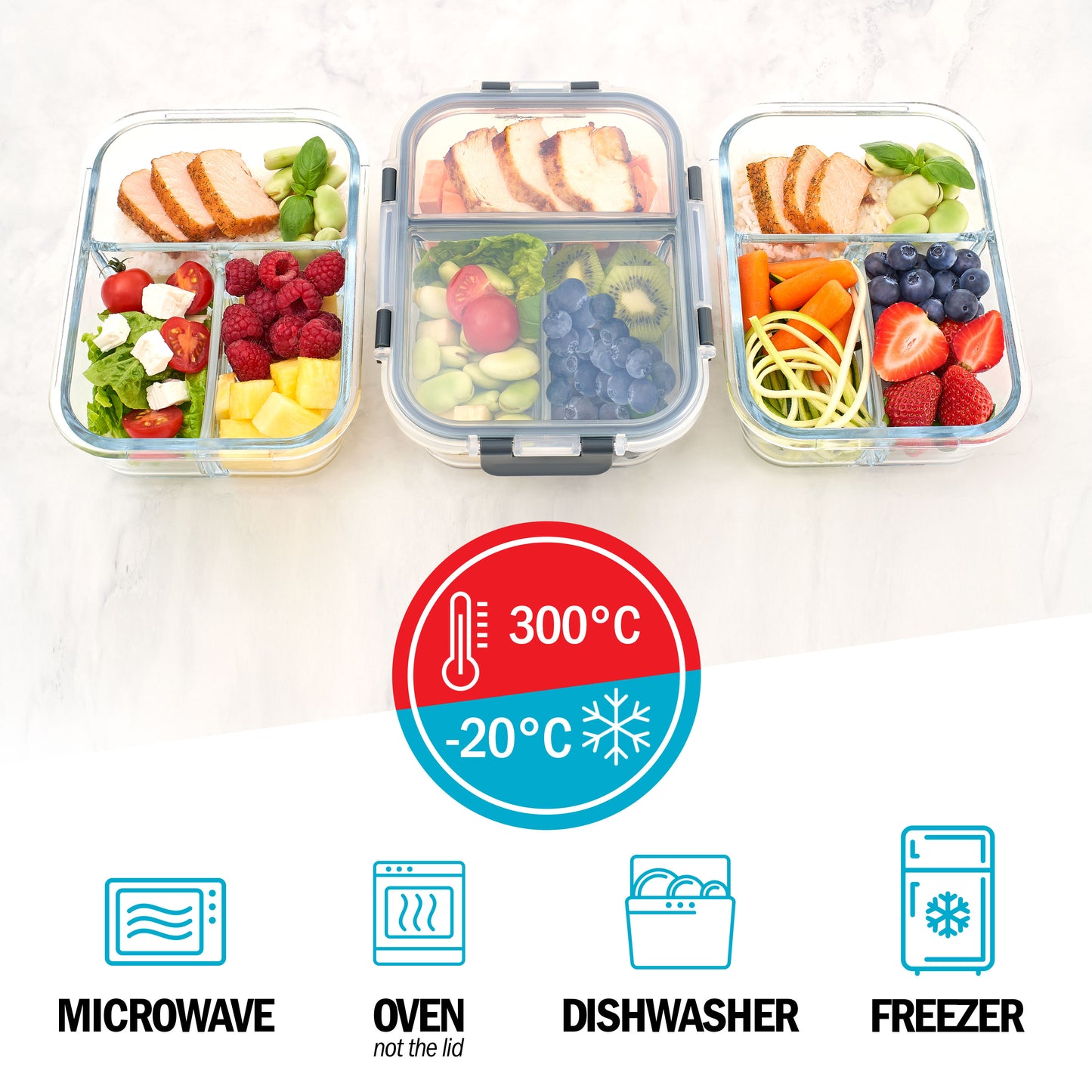 3 Compartment Glass Meal Prep Containers with Locking Lids - 3 Pack