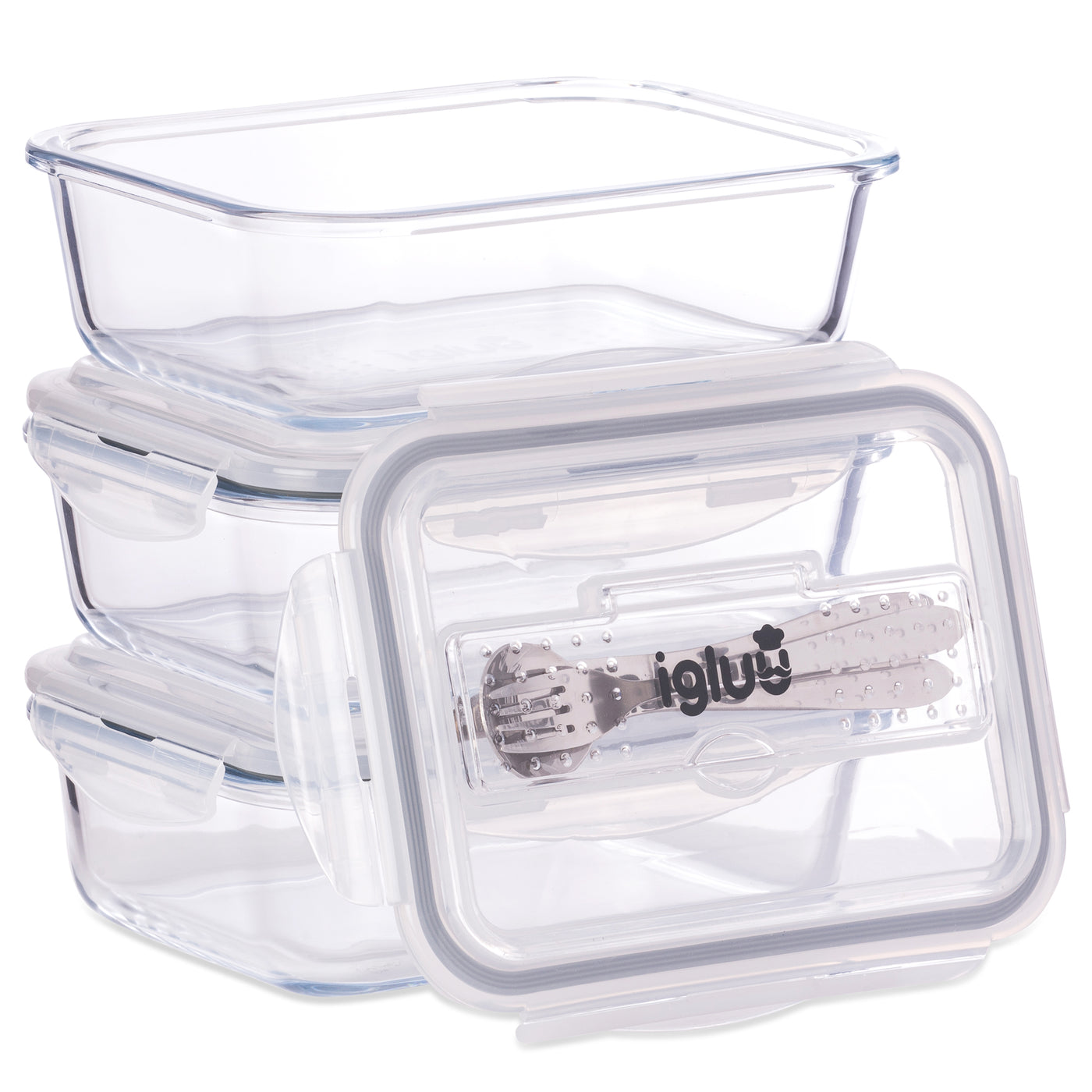 Glass Containers with Cutlery Lid Compartment -3 Pack
