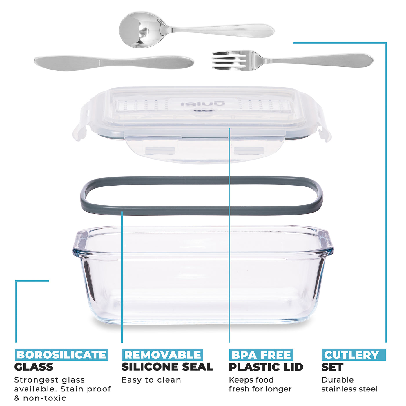 Glass Containers with Cutlery Lid Compartment -3 Pack