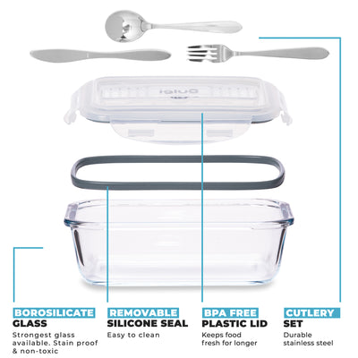 Glass Containers with Cutlery Lid Compartment -3 Pack